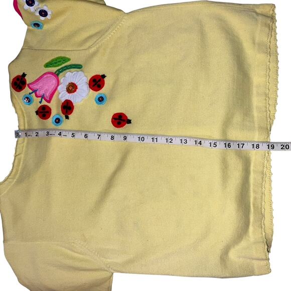 Vintage Yellow Short Sleeve Cardigan Floral Appliqués Ladybugs Bee Buttons MED - Picture 6 of 7